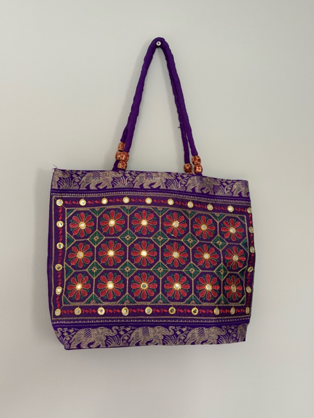 Purple Embroidered Floral Tote Bag
